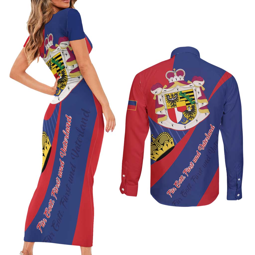 Liechtenstein Couples Matching Short Sleeve Bodycon Dress and Long Sleeve Button Shirt Coat Of Arms Blue Red Color - Wonder Print Shop