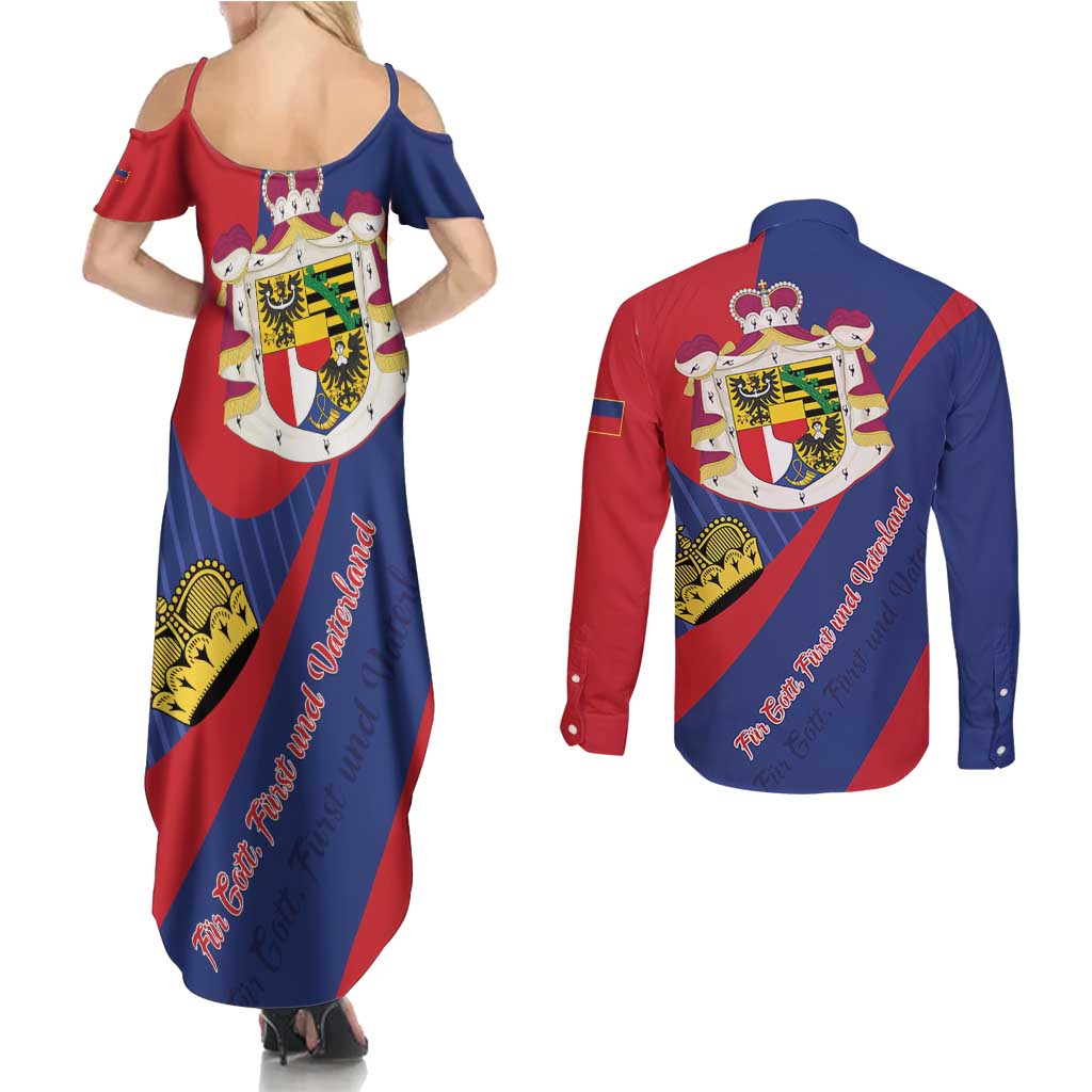 Liechtenstein Couples Matching Summer Maxi Dress and Long Sleeve Button Shirt Coat Of Arms Blue Red Color - Wonder Print Shop
