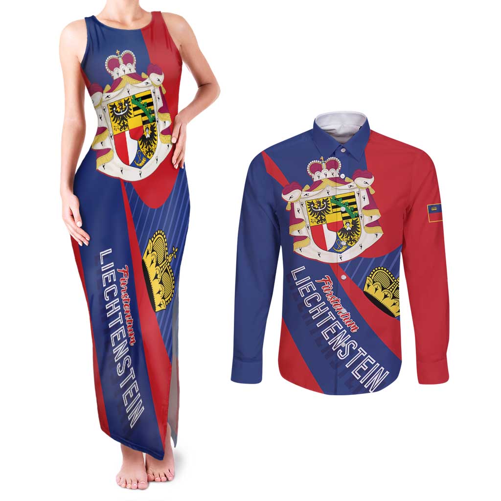 Liechtenstein Couples Matching Tank Maxi Dress and Long Sleeve Button Shirt Coat Of Arms Blue Red Color - Wonder Print Shop