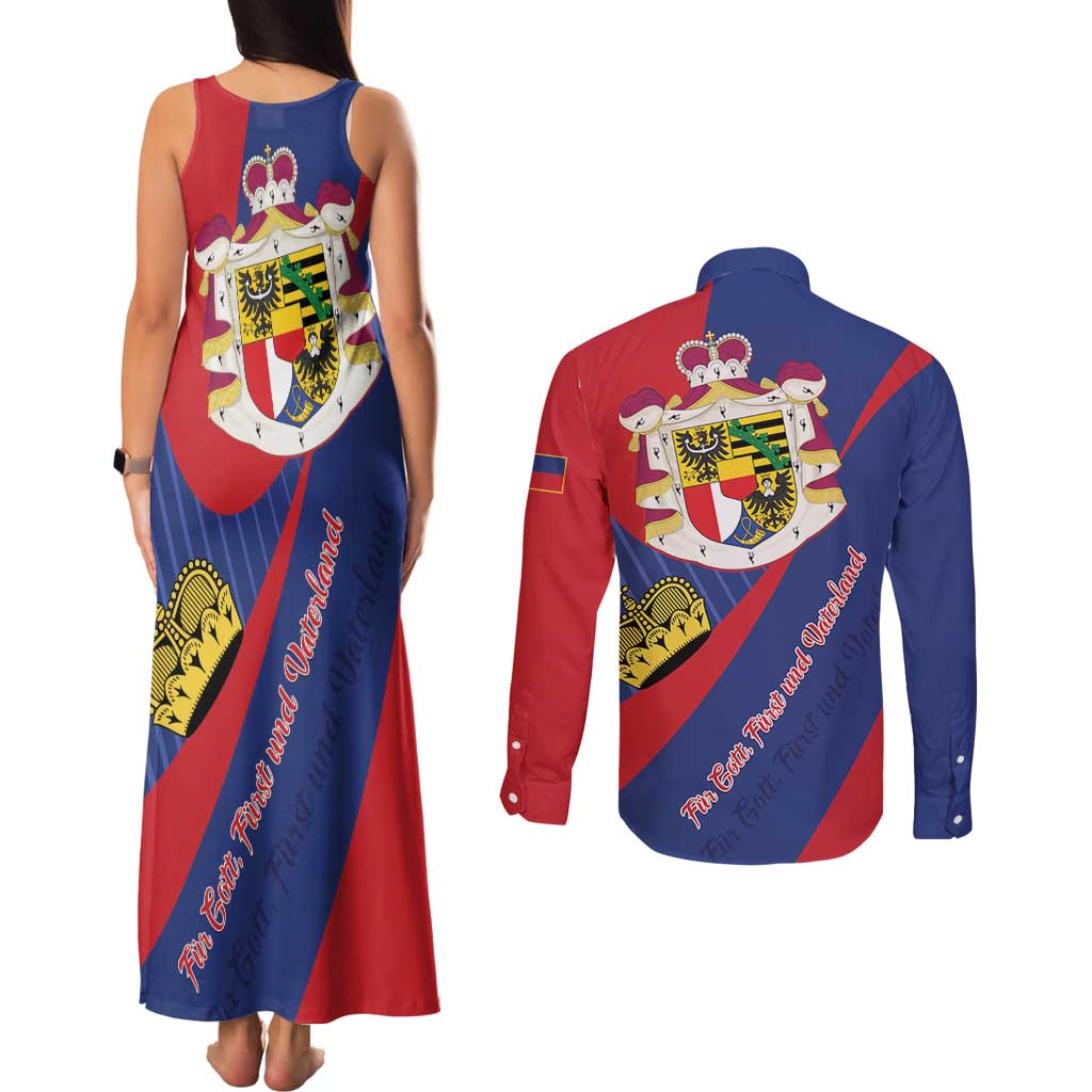 Liechtenstein Couples Matching Tank Maxi Dress and Long Sleeve Button Shirt Coat Of Arms Blue Red Color - Wonder Print Shop