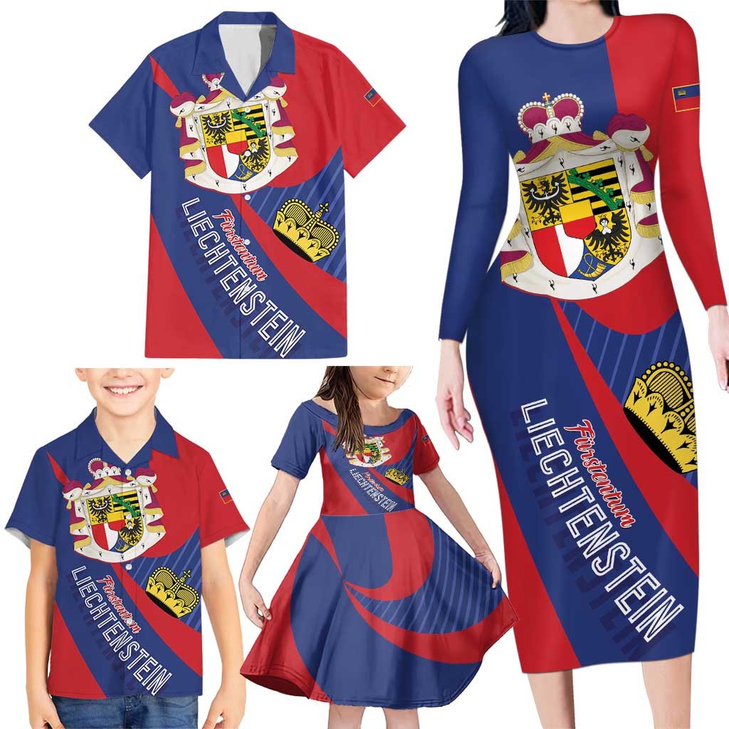 Liechtenstein Family Matching Long Sleeve Bodycon Dress and Hawaiian Shirt Coat Of Arms Blue Red Color - Wonder Print Shop