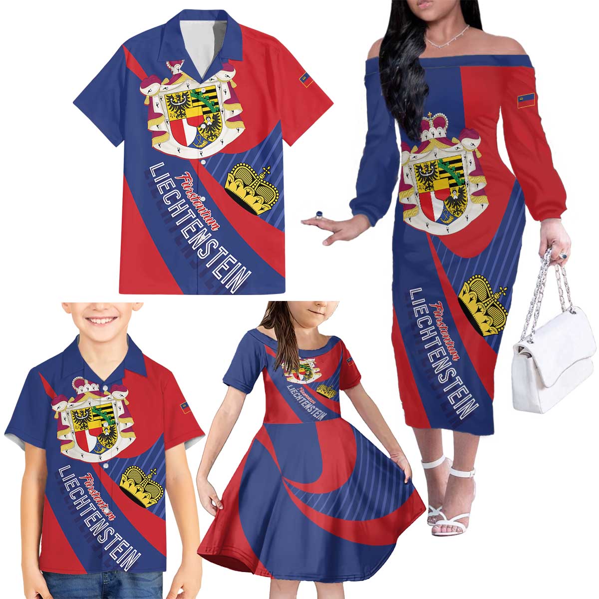 Liechtenstein Family Matching Off The Shoulder Long Sleeve Dress and Hawaiian Shirt Coat Of Arms Blue Red Color - Wonder Print Shop