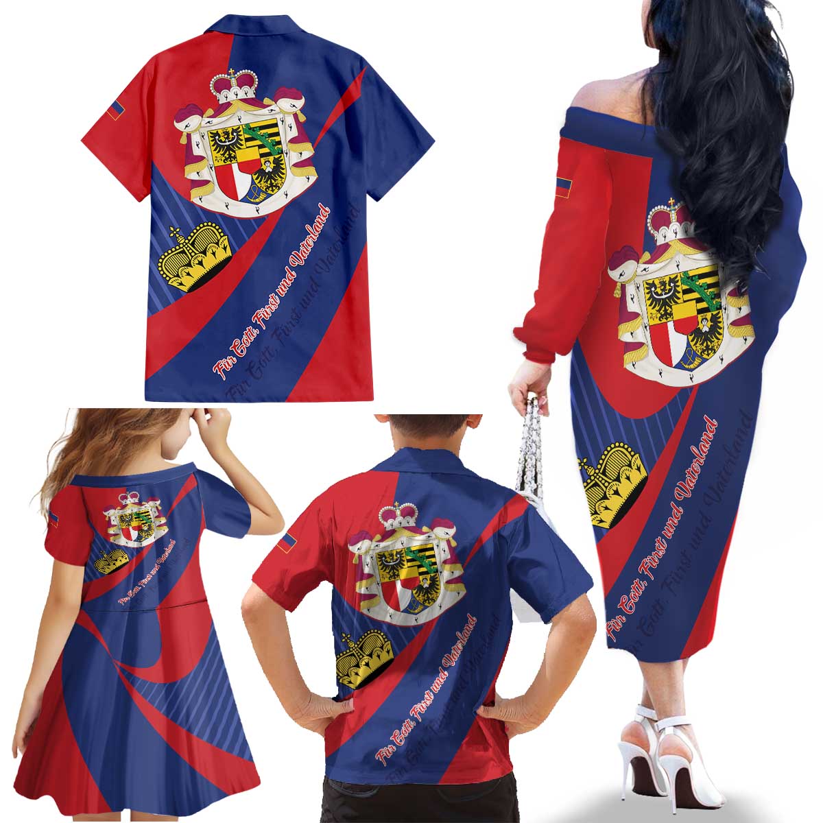 Liechtenstein Family Matching Off The Shoulder Long Sleeve Dress and Hawaiian Shirt Coat Of Arms Blue Red Color - Wonder Print Shop