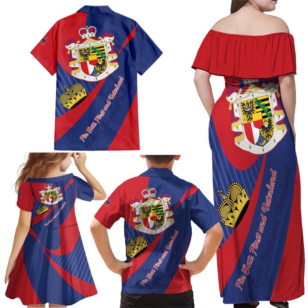 Liechtenstein Family Matching Off Shoulder Maxi Dress and Hawaiian Shirt Coat Of Arms Blue Red Color - Wonder Print Shop