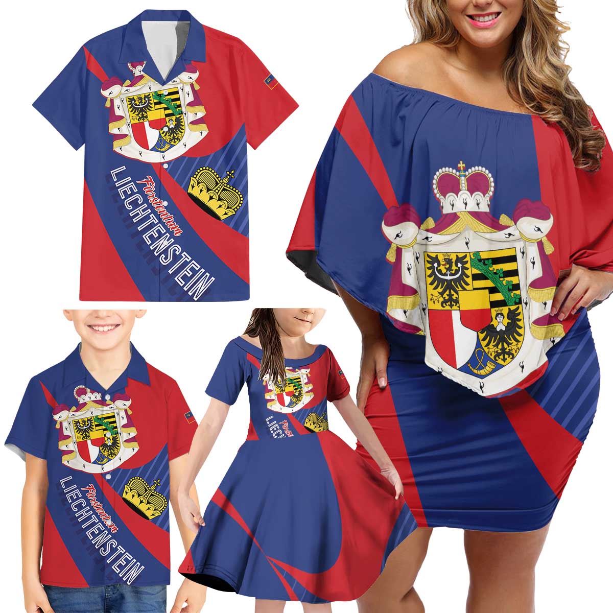 Liechtenstein Family Matching Off Shoulder Short Dress and Hawaiian Shirt Coat Of Arms Blue Red Color - Wonder Print Shop