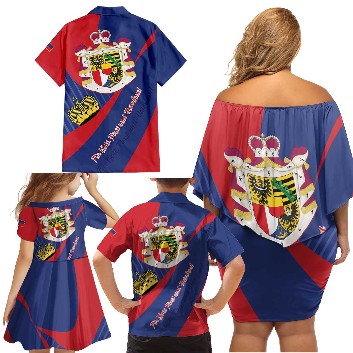Liechtenstein Family Matching Off Shoulder Short Dress and Hawaiian Shirt Coat Of Arms Blue Red Color - Wonder Print Shop