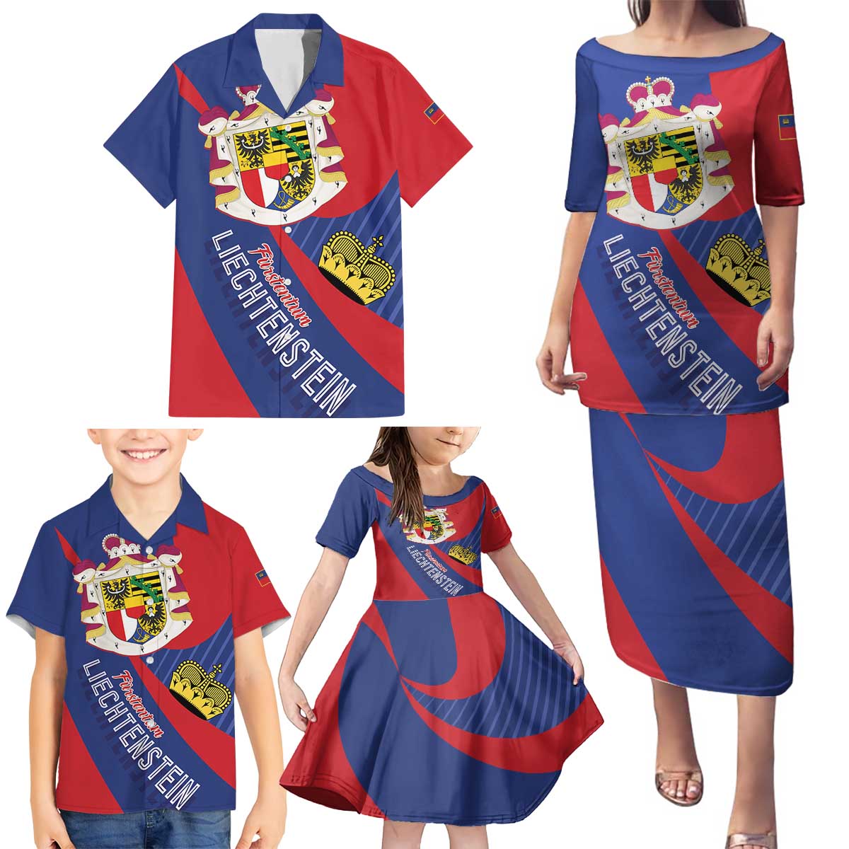 Liechtenstein Family Matching Puletasi and Hawaiian Shirt Coat Of Arms Blue Red Color - Wonder Print Shop