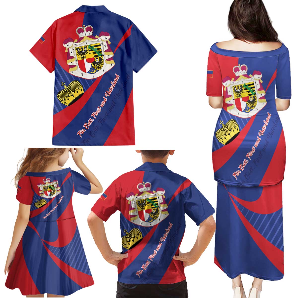 Liechtenstein Family Matching Puletasi and Hawaiian Shirt Coat Of Arms Blue Red Color - Wonder Print Shop