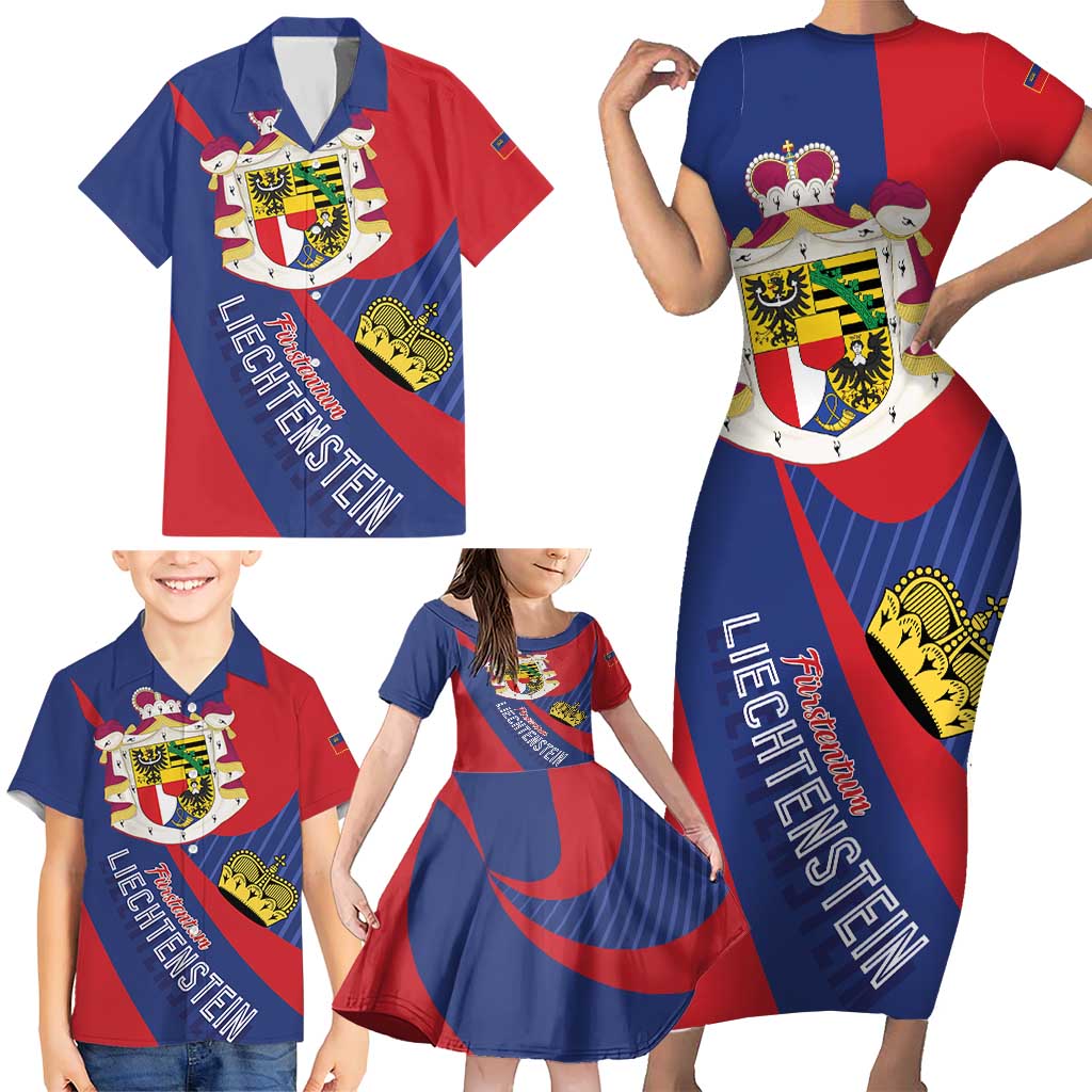 Liechtenstein Family Matching Short Sleeve Bodycon Dress and Hawaiian Shirt Coat Of Arms Blue Red Color - Wonder Print Shop
