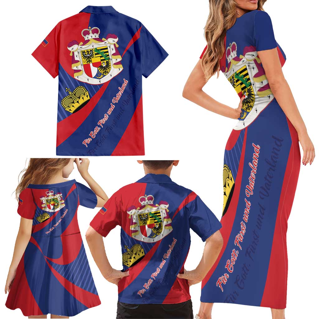 Liechtenstein Family Matching Short Sleeve Bodycon Dress and Hawaiian Shirt Coat Of Arms Blue Red Color - Wonder Print Shop