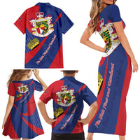 Liechtenstein Family Matching Short Sleeve Bodycon Dress and Hawaiian Shirt Coat Of Arms Blue Red Color - Wonder Print Shop
