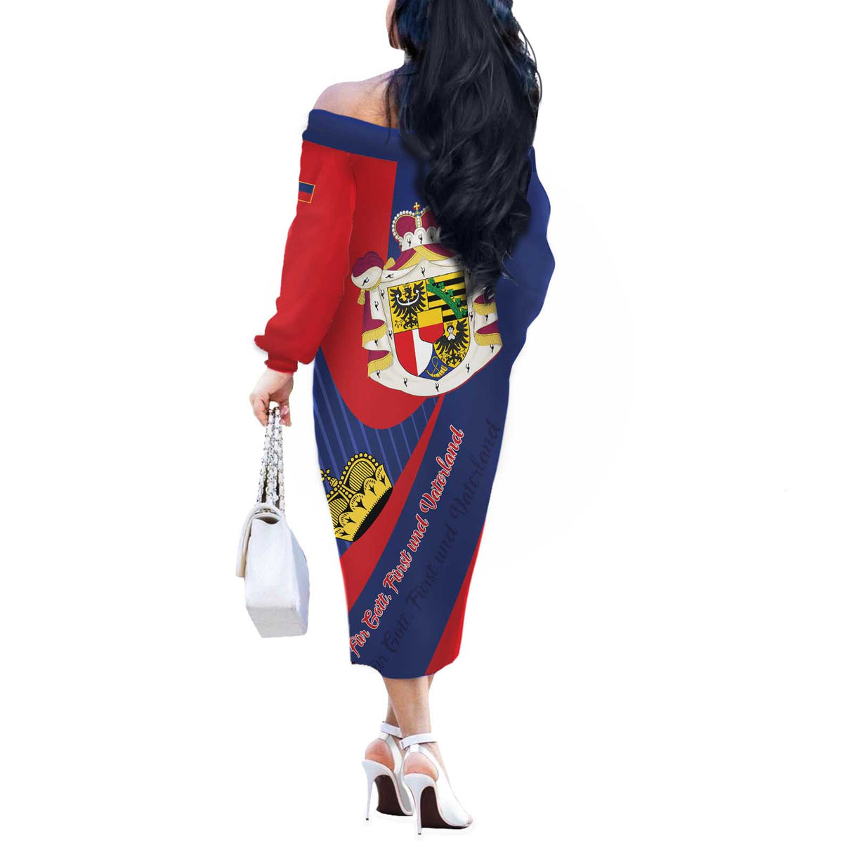 Liechtenstein Off The Shoulder Long Sleeve Dress Coat Of Arms Blue Red Color - Wonder Print Shop