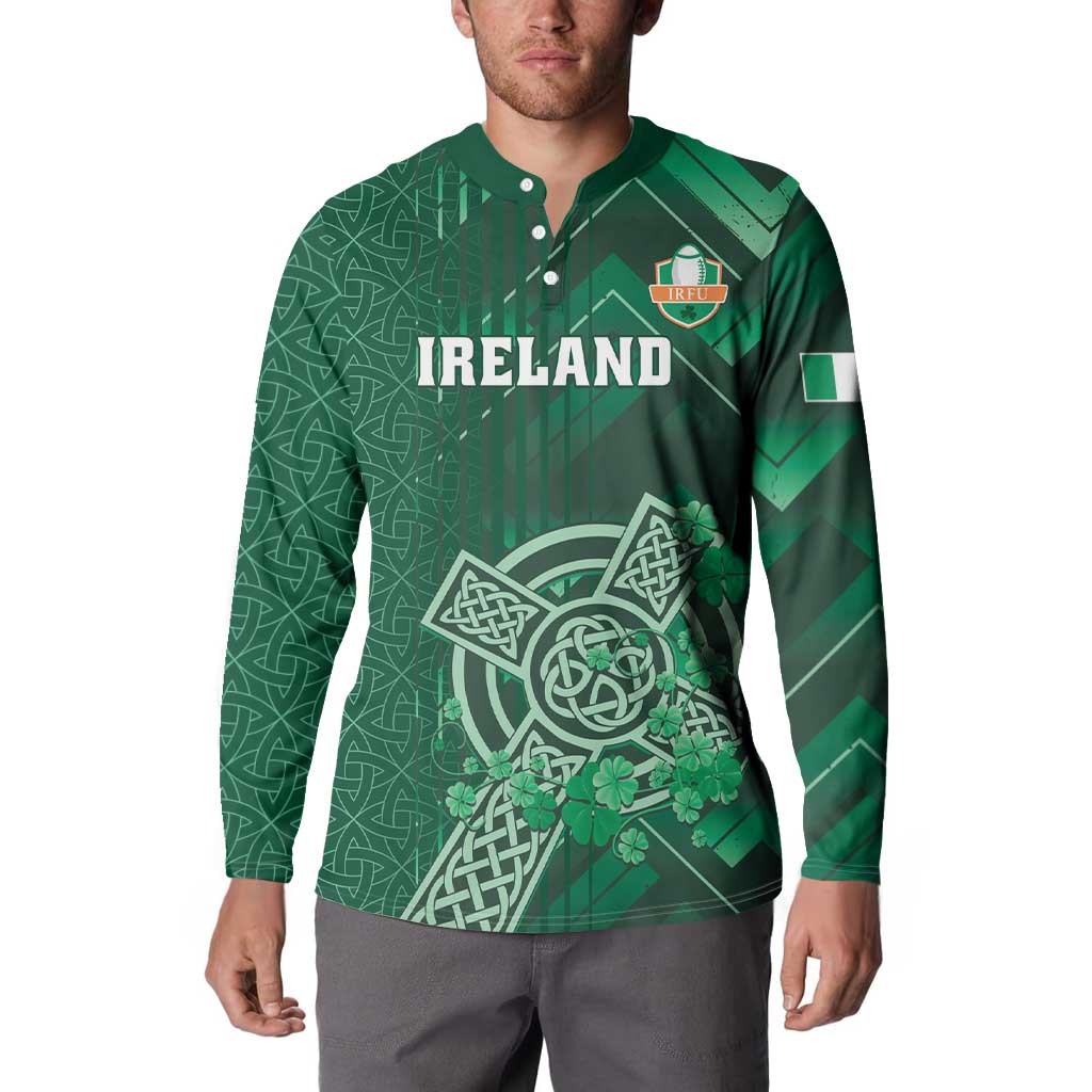 Ireland 2024 Rugby Button Sweatshirt Irish Shamrock Celtic Cross - Wonder Print Shop