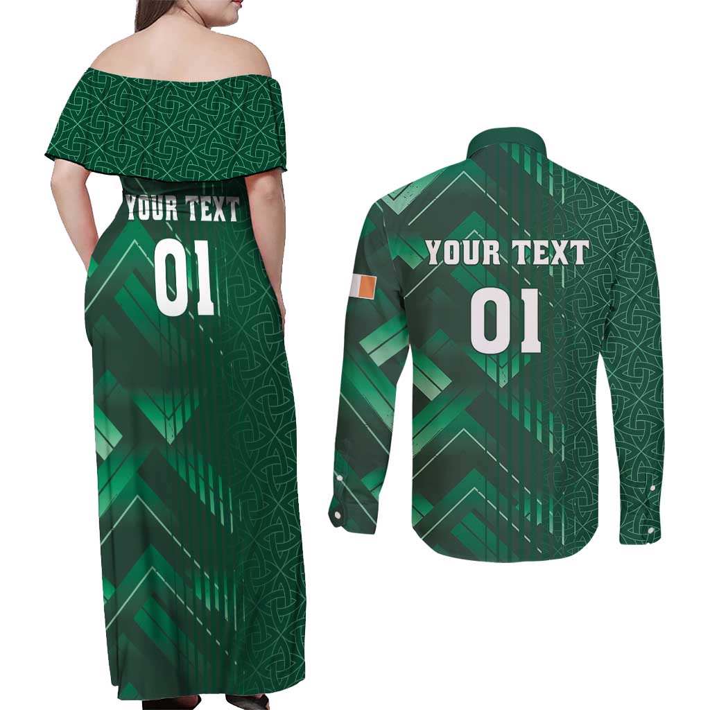 Ireland 2024 Rugby Couples Matching Off Shoulder Maxi Dress and Long Sleeve Button Shirt Irish Shamrock Celtic Cross - Wonder Print Shop
