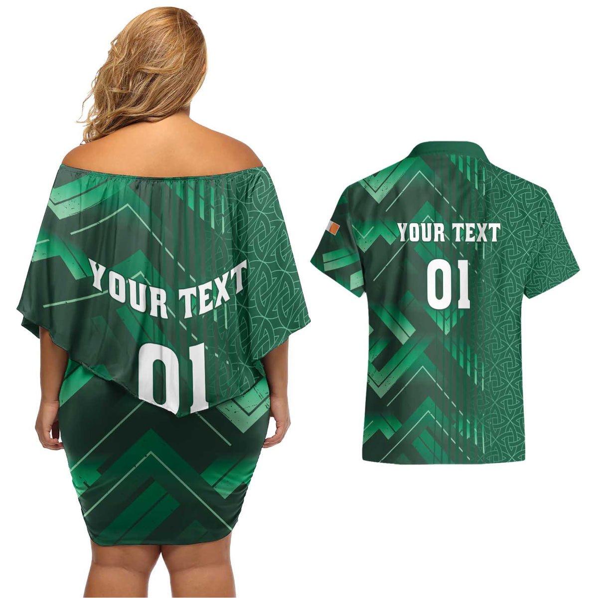Ireland 2024 Rugby Couples Matching Off Shoulder Short Dress and Hawaiian Shirt Irish Shamrock Celtic Cross - Wonder Print Shop