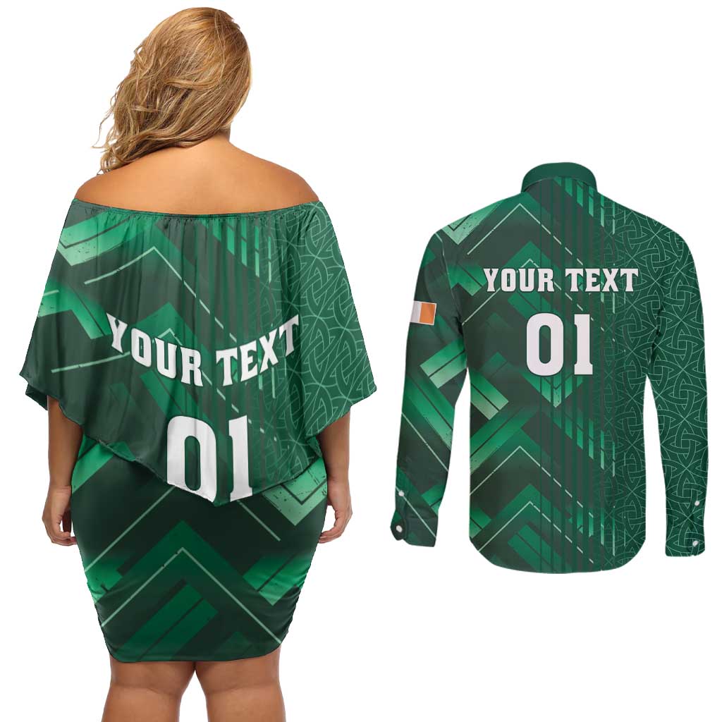 Ireland 2024 Rugby Couples Matching Off Shoulder Short Dress and Long Sleeve Button Shirt Irish Shamrock Celtic Cross - Wonder Print Shop