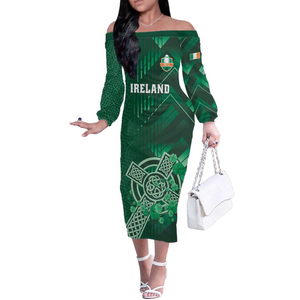Ireland 2024 Rugby Family Matching Off The Shoulder Long Sleeve Dress and Hawaiian Shirt Irish Shamrock Celtic Cross - Wonder Print Shop