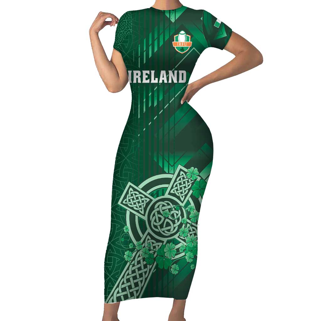 Ireland 2024 Rugby Short Sleeve Bodycon Dress Irish Shamrock Celtic Cross - Wonder Print Shop