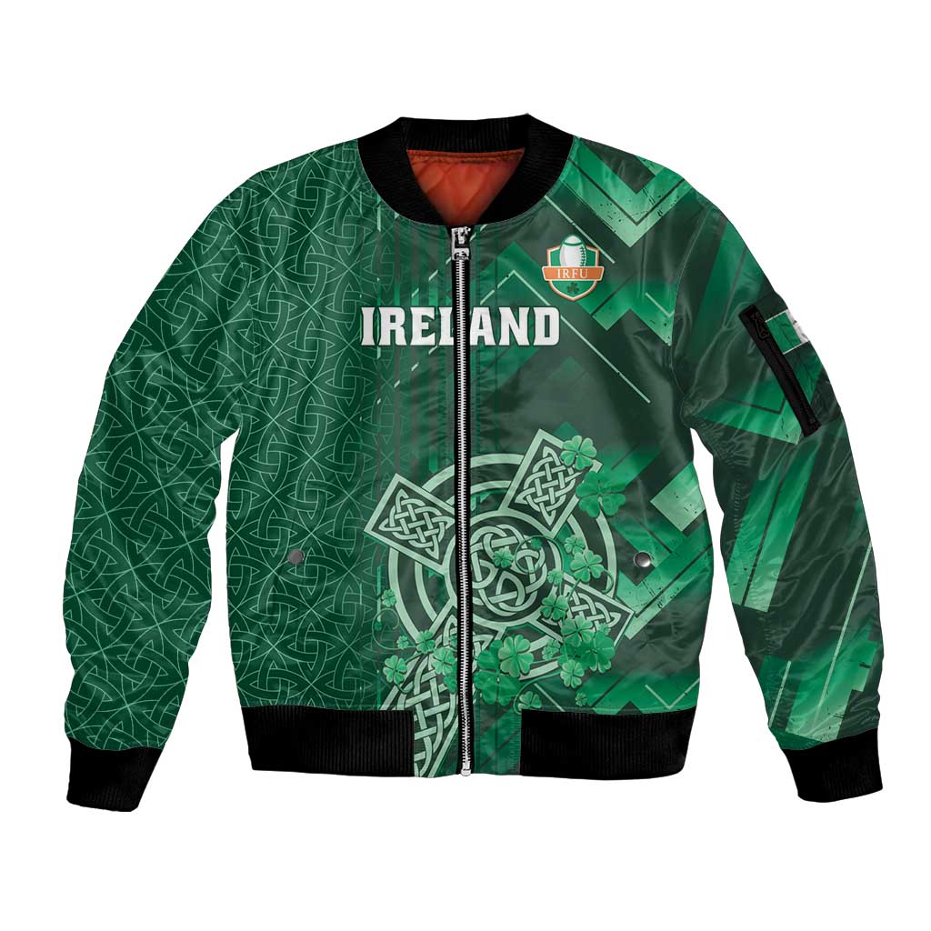 Ireland 2024 Rugby Sleeve Zip Bomber Jacket Irish Shamrock Celtic Cross - Wonder Print Shop