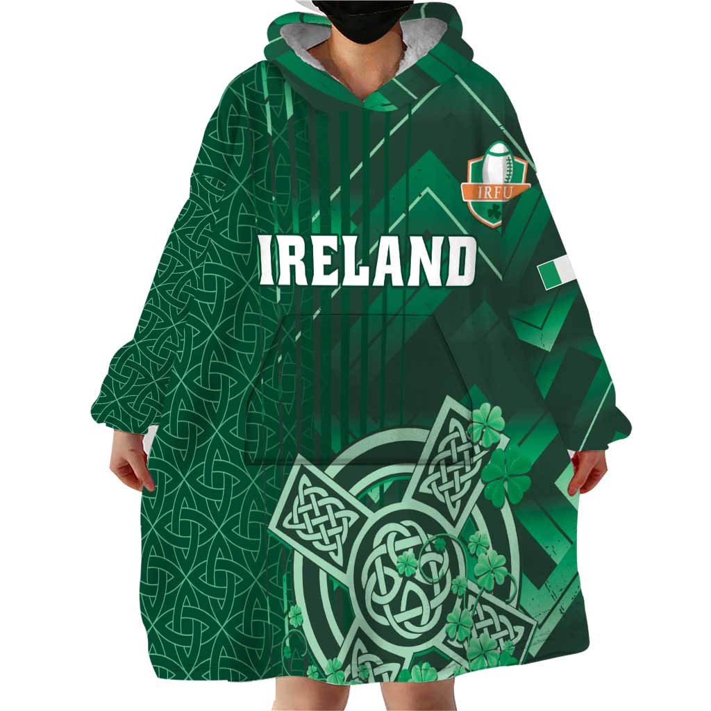 Ireland 2024 Rugby Wearable Blanket Hoodie Irish Shamrock Celtic Cross - Wonder Print Shop