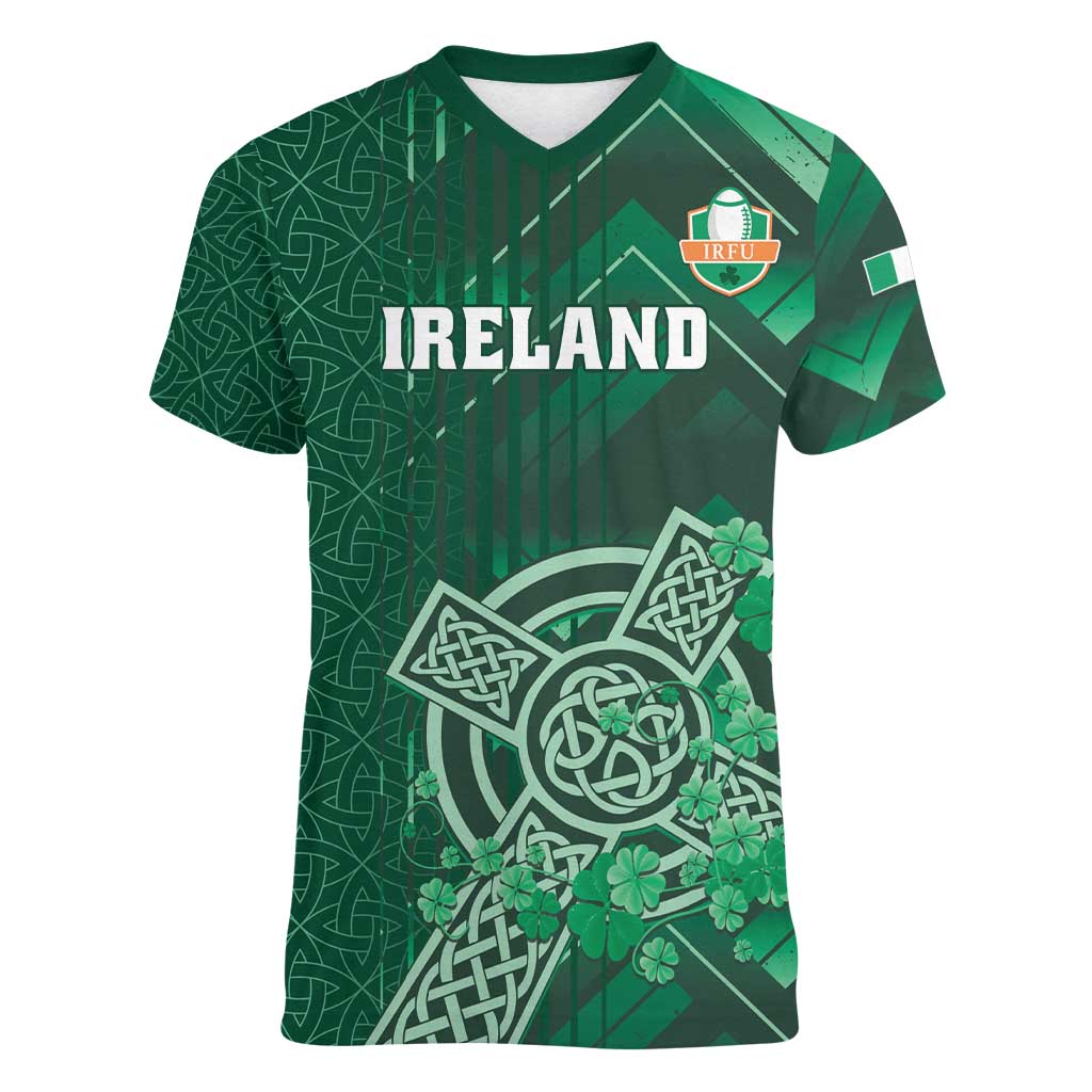 Ireland 2024 Rugby Women V-Neck T-Shirt Irish Shamrock Celtic Cross - Wonder Print Shop