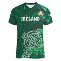Ireland 2024 Rugby Women V-Neck T-Shirt Irish Shamrock Celtic Cross - Wonder Print Shop