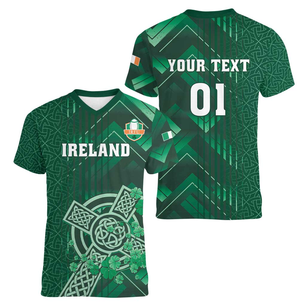 Ireland 2024 Rugby Women V-Neck T-Shirt Irish Shamrock Celtic Cross - Wonder Print Shop