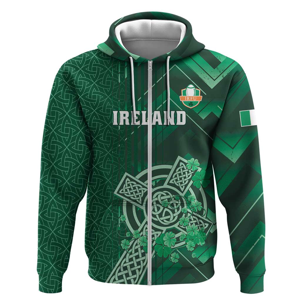 Ireland 2024 Rugby Zip Hoodie Irish Shamrock Celtic Cross - Wonder Print Shop