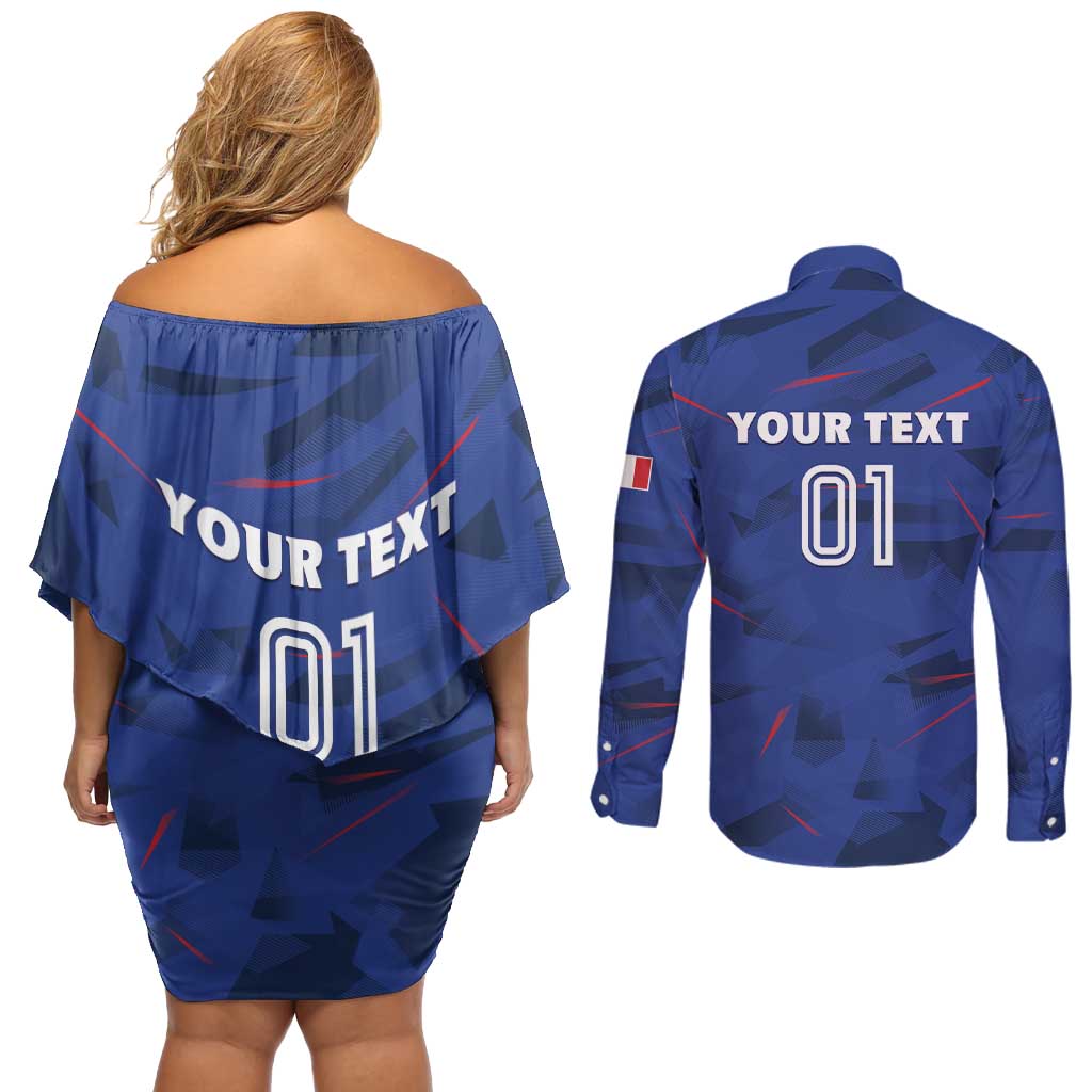 France 2024 Rugby Couples Matching Off Shoulder Short Dress and Long Sleeve Button Shirt Bravo Les Bleus - Wonder Print Shop