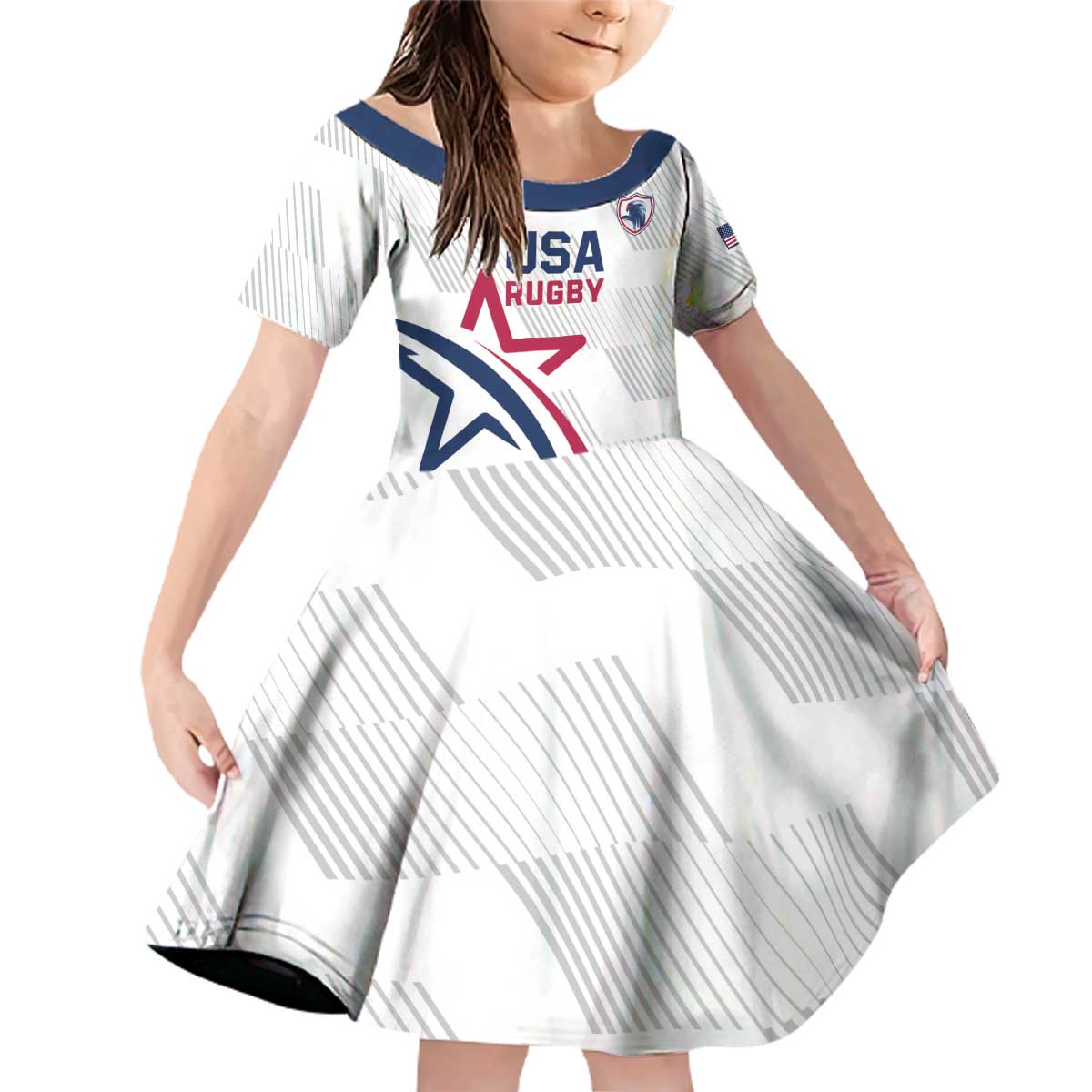 USA 2024 Rugby Family Matching Off Shoulder Short Dress and Hawaiian Shirt Soar Like an Eagle White Version - Wonder Print Shop
