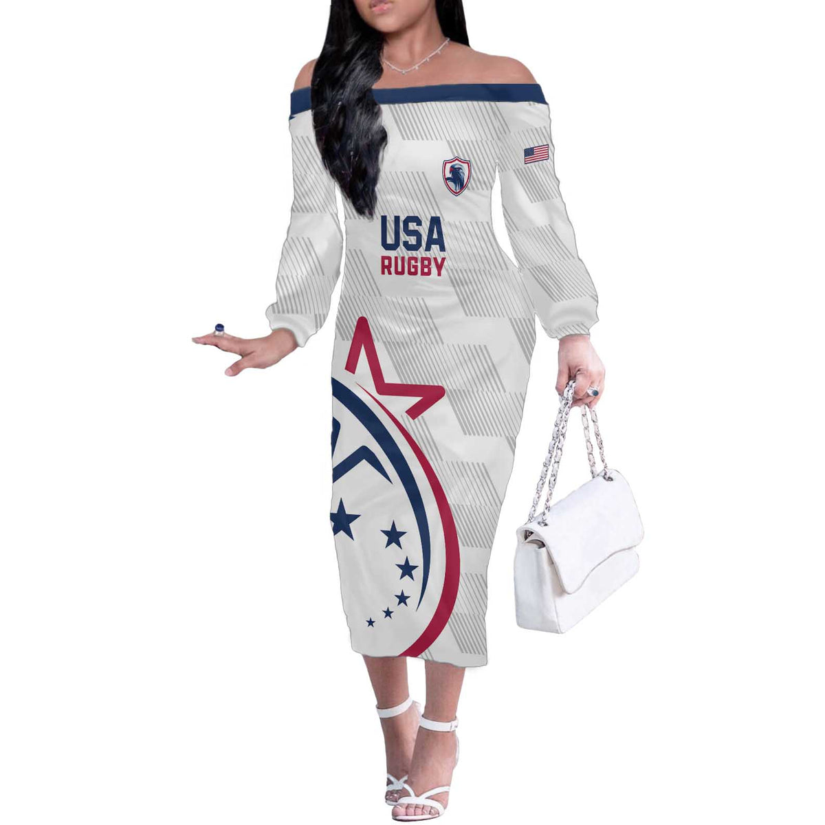 USA 2024 Rugby Off The Shoulder Long Sleeve Dress Soar Like an Eagle White Version - Wonder Print Shop