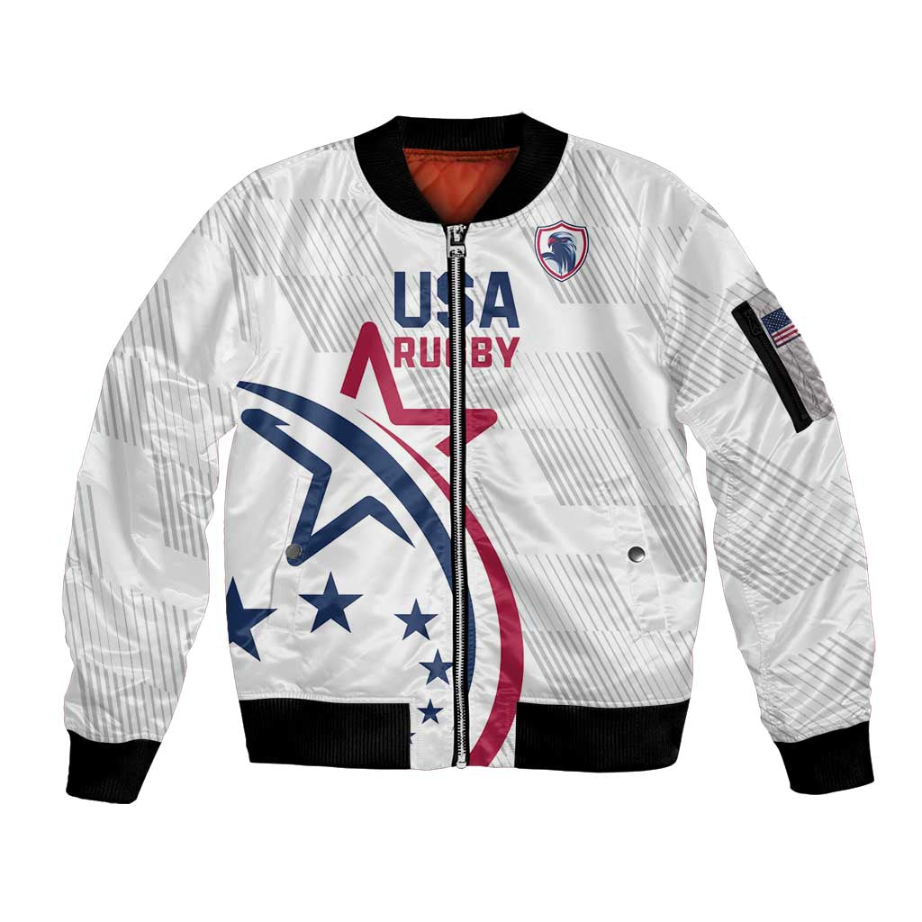 USA 2024 Rugby Sleeve Zip Bomber Jacket Soar Like an Eagle White Version - Wonder Print Shop