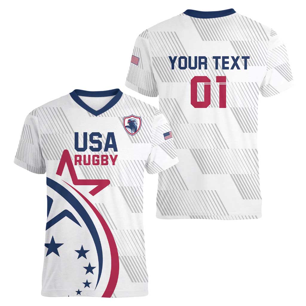 USA 2024 Rugby Women V-Neck T-Shirt Soar Like an Eagle White Version - Wonder Print Shop