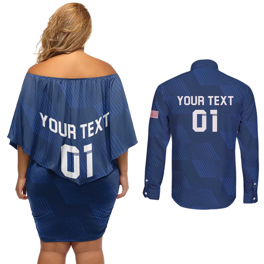 USA 2024 Rugby Couples Matching Off Shoulder Short Dress and Long Sleeve Button Shirt Soar Like an Eagle Blue Version - Wonder Print Shop