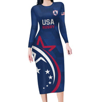 USA 2024 Rugby Family Matching Long Sleeve Bodycon Dress and Hawaiian Shirt Soar Like an Eagle Blue Version - Wonder Print Shop