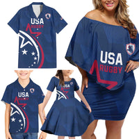 USA 2024 Rugby Family Matching Off Shoulder Short Dress and Hawaiian Shirt Soar Like an Eagle Blue Version - Wonder Print Shop