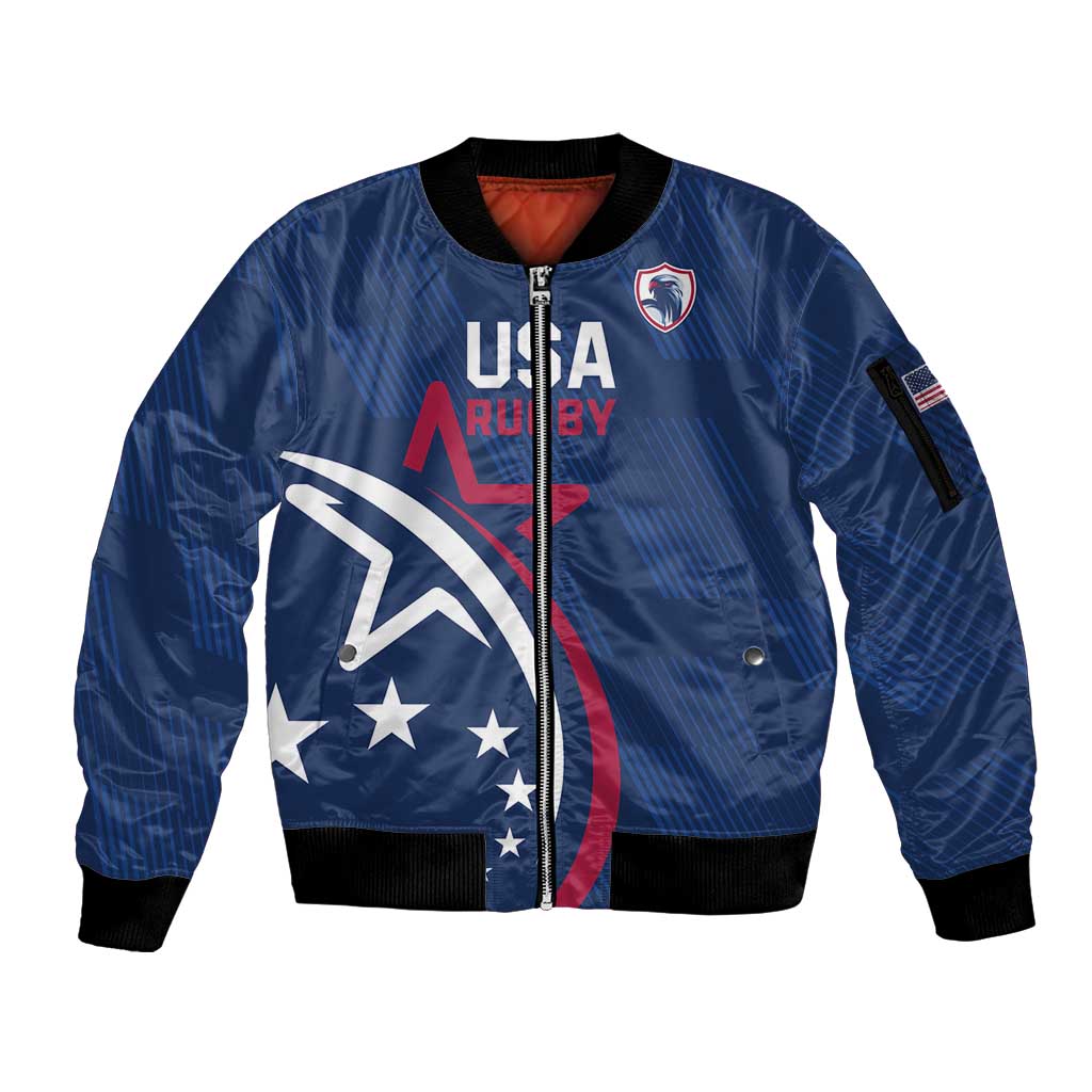 USA 2024 Rugby Sleeve Zip Bomber Jacket Soar Like an Eagle Blue Version - Wonder Print Shop