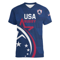 USA 2024 Rugby Women V-Neck T-Shirt Soar Like an Eagle Blue Version - Wonder Print Shop