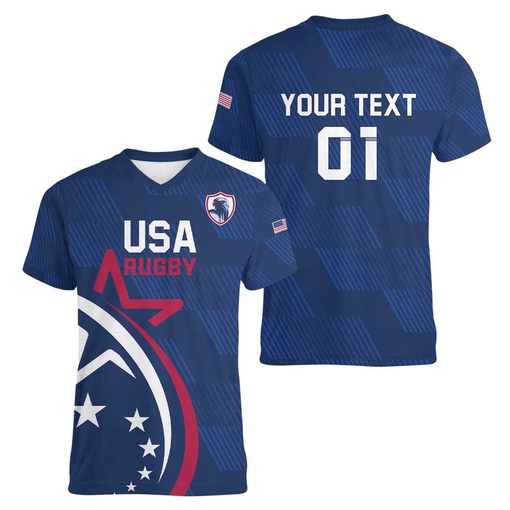 USA 2024 Rugby Women V-Neck T-Shirt Soar Like an Eagle Blue Version - Wonder Print Shop