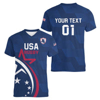 USA 2024 Rugby Women V-Neck T-Shirt Soar Like an Eagle Blue Version - Wonder Print Shop