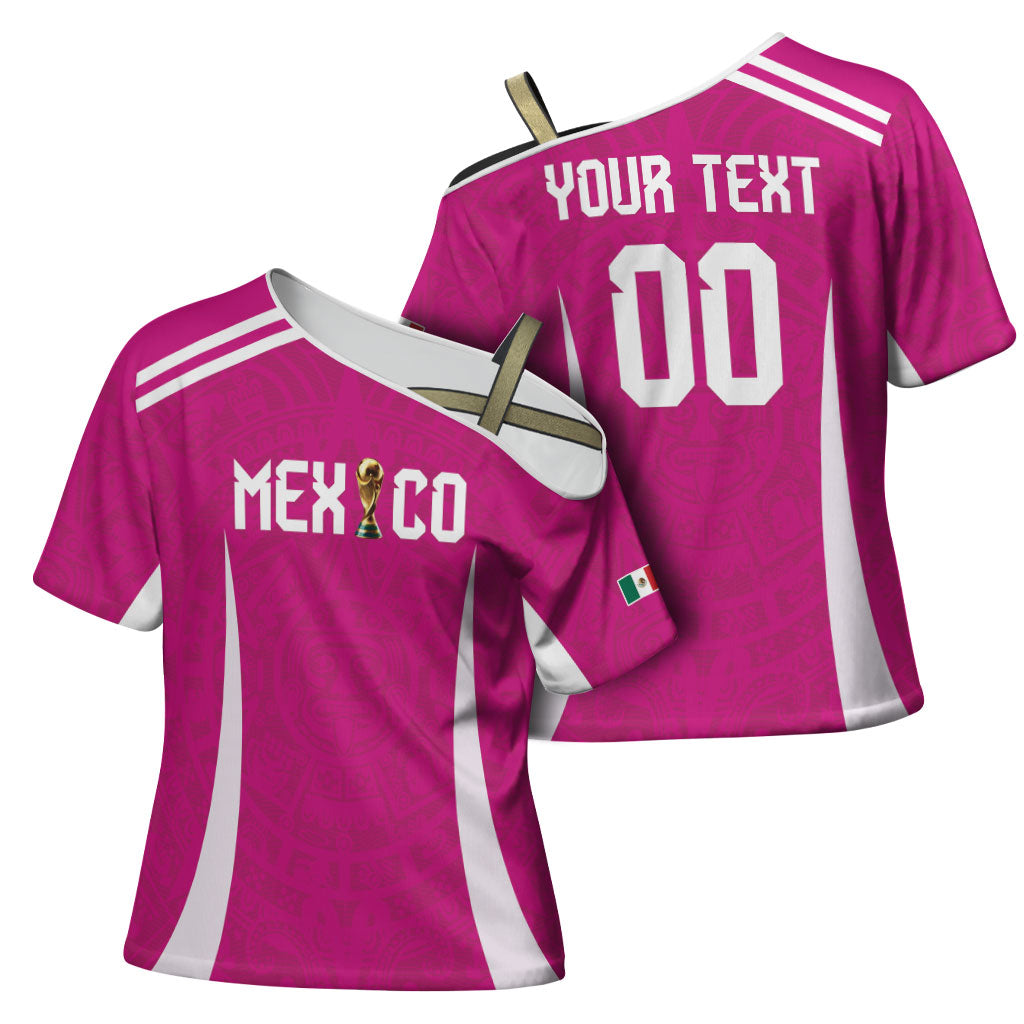 Custom Mexico 2026 Football Pink Cross Shoulder Shirt Golden Eagle Victory