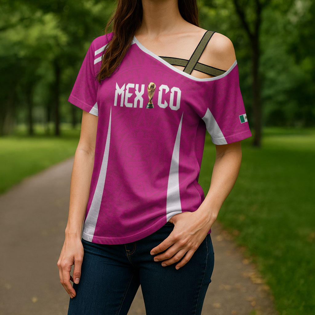 Custom Mexico 2026 Football Pink Cross Shoulder Shirt Golden Eagle Victory