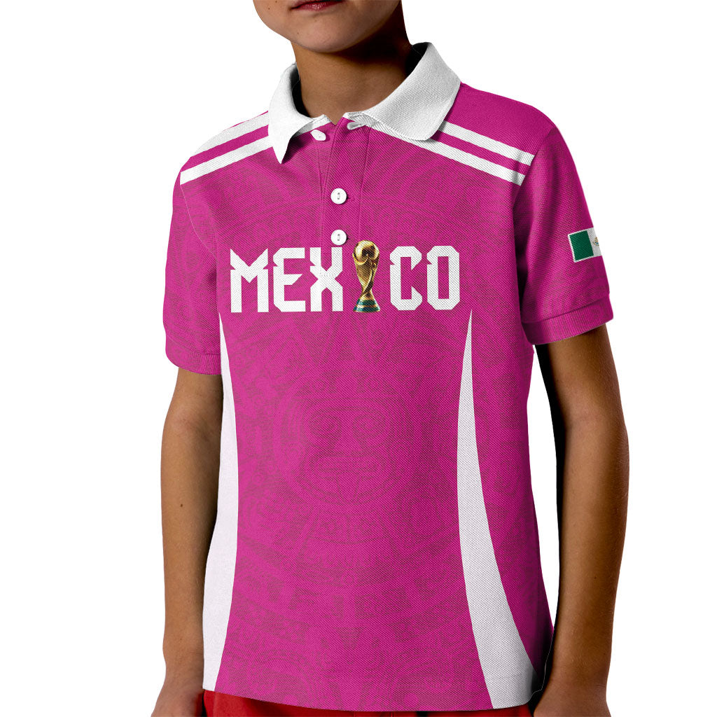 Custom Mexico 2026 Football Pink Kid Polo Shirt Golden Eagle Victory