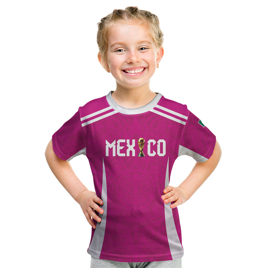 Custom Mexico 2026 Football Pink Kid T Shirt Golden Eagle Victory