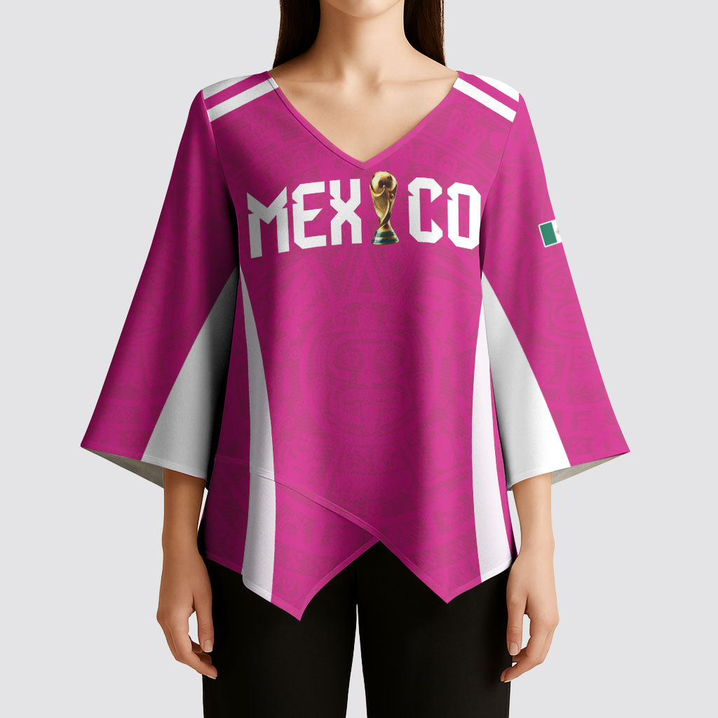 Custom Mexico 2026 Football Pink Kimono Sleeve Blouse Golden Eagle Victory