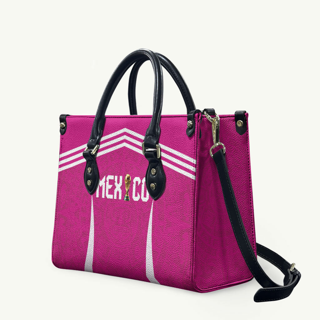 Mexico 2026 Football Pink Leather Bag Golden Eagle Victory