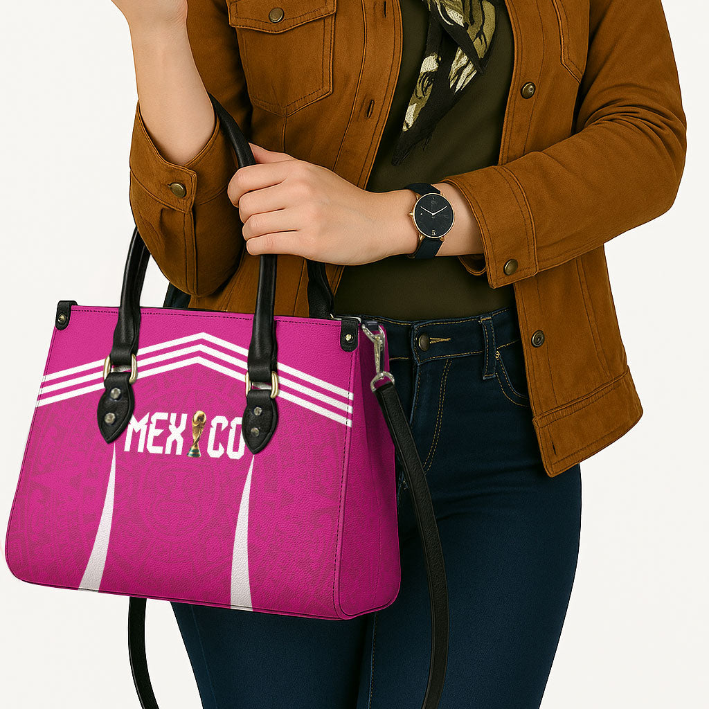 Mexico 2026 Football Pink Leather Bag Golden Eagle Victory