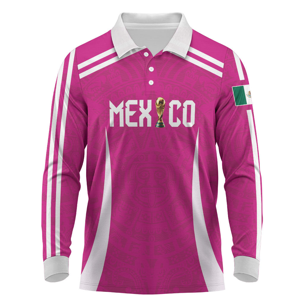 Custom Mexico 2026 Football Pink Long Sleeve Polo Shirt Golden Eagle Victory