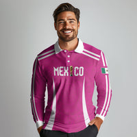 Custom Mexico 2026 Football Pink Long Sleeve Polo Shirt Golden Eagle Victory