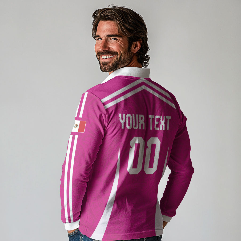Custom Mexico 2026 Football Pink Long Sleeve Polo Shirt Golden Eagle Victory